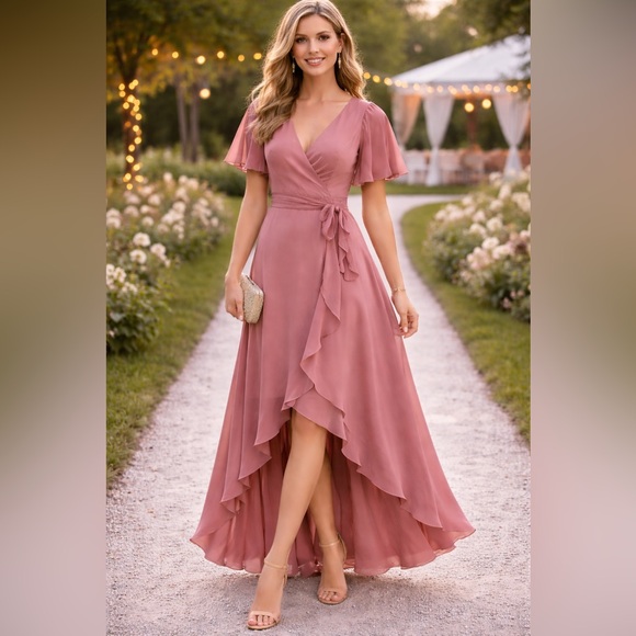 David's Bridal Dresses & Skirts - David's Bridal Mauve Wrap High-Low Ruffle Maxi Dress ptp 19”